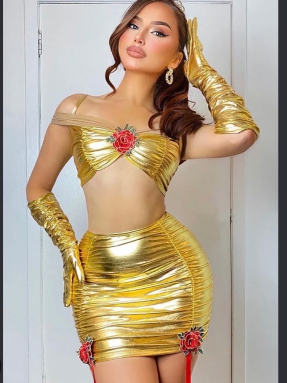 Fashion Nova Adult Women's Gold Ruched Enchanted Rose Princess Costume